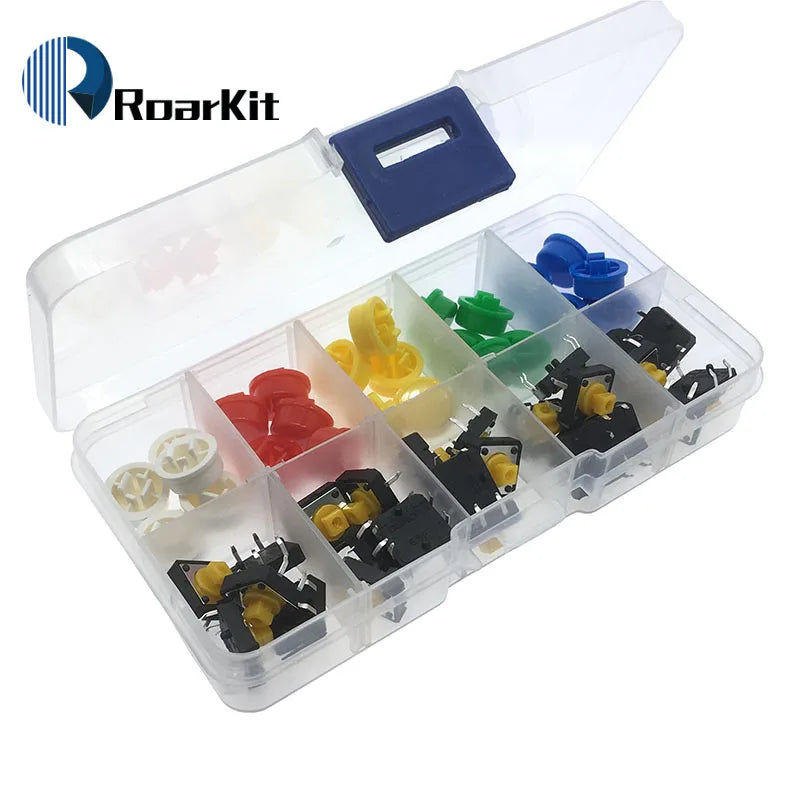25PCS Tactile Push Button Switch Momentary 12*12*7.3MM Micro switch button + Button cap(5 colors) + Component box for Arduino