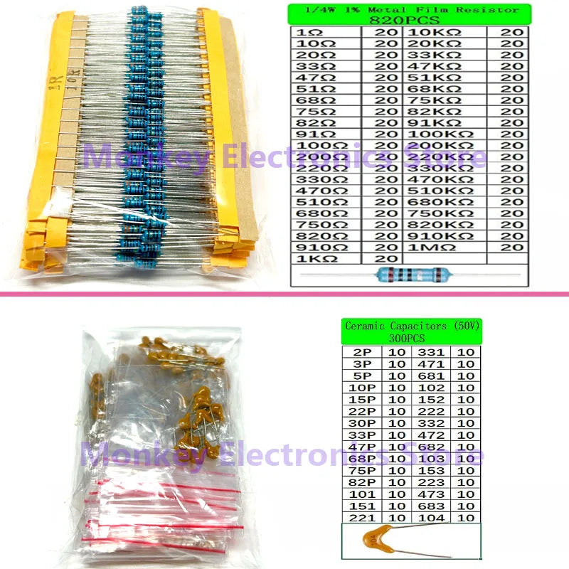 1818PCS Electronics Components Kit TO-92 TO-220 Monolith Capacitors Resistors 3MM 5MM LED Diodes PCB RM063 Potentiometer