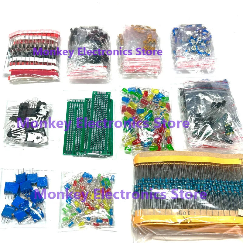 1818PCS Electronics Components Kit TO-92 TO-220 Monolith Capacitors Resistors 3MM 5MM LED Diodes PCB RM063 Potentiometer