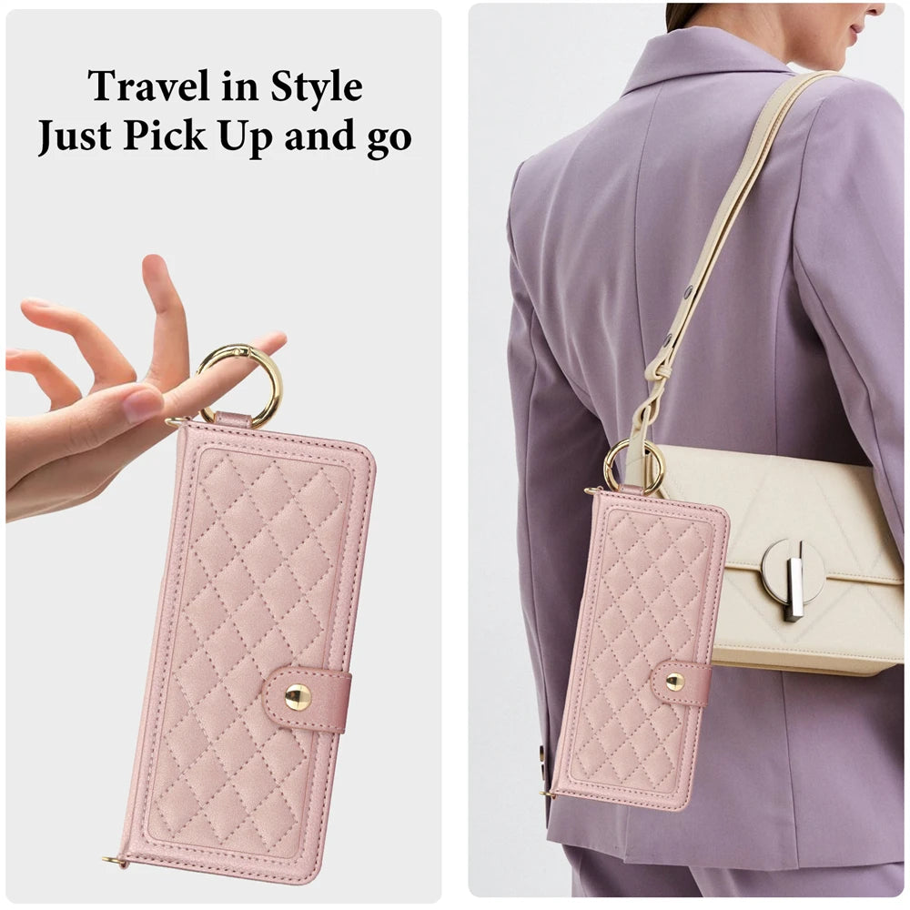 Luxury Crossbody Lanyard Leather Wallet Card Case for Samsung Galaxy Z Fold 7 6 5 4 3 Fold6 5G Wrist Rope Flip Stand Cover Coque