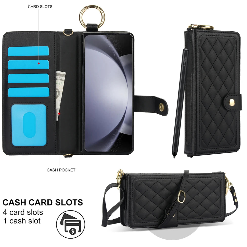 Luxury Crossbody Lanyard Leather Wallet Card Case for Samsung Galaxy Z Fold 7 6 5 4 3 Fold6 5G Wrist Rope Flip Stand Cover Coque