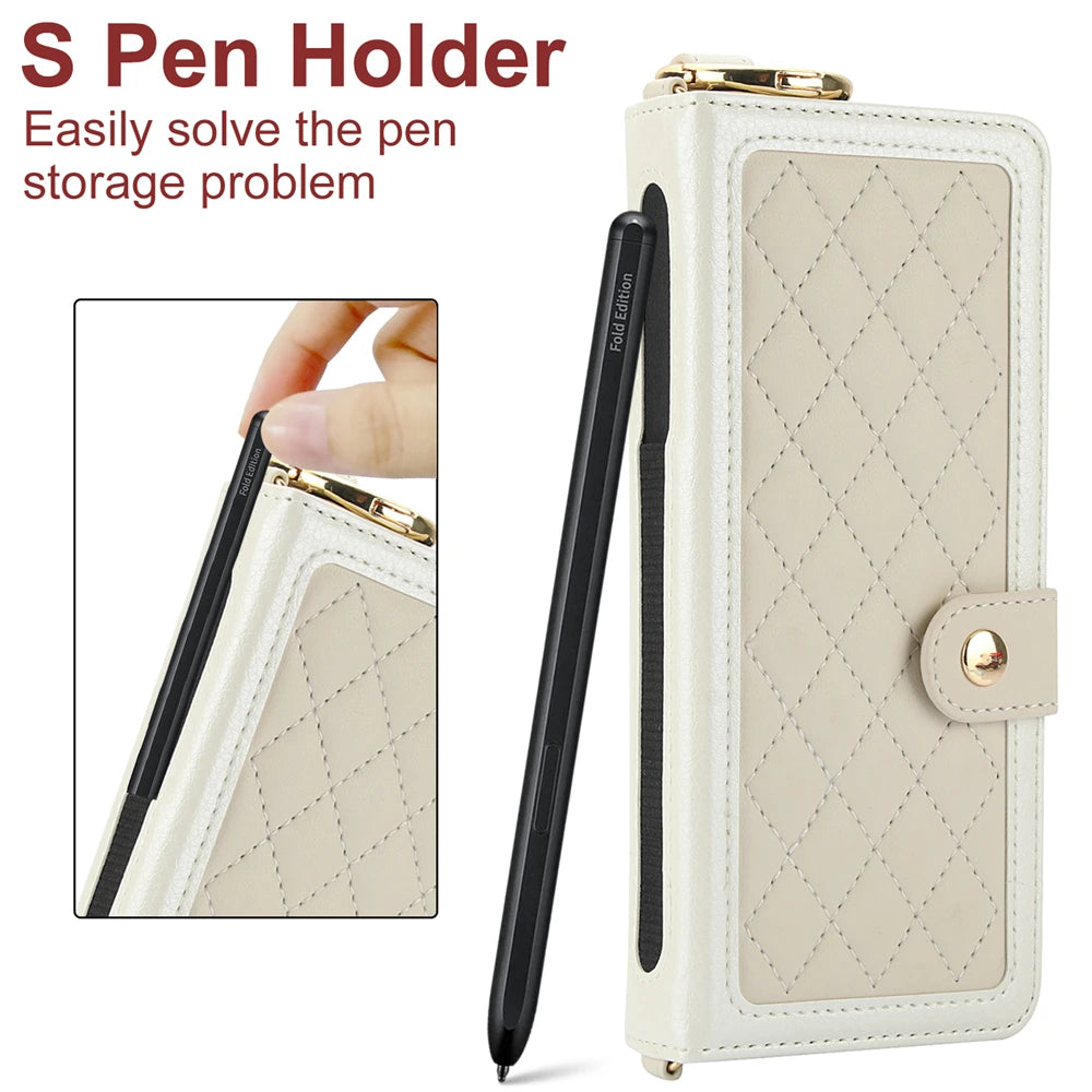 Luxury Crossbody Lanyard Leather Wallet Card Case for Samsung Galaxy Z Fold 7 6 5 4 3 Fold6 5G Wrist Rope Flip Stand Cover Coque