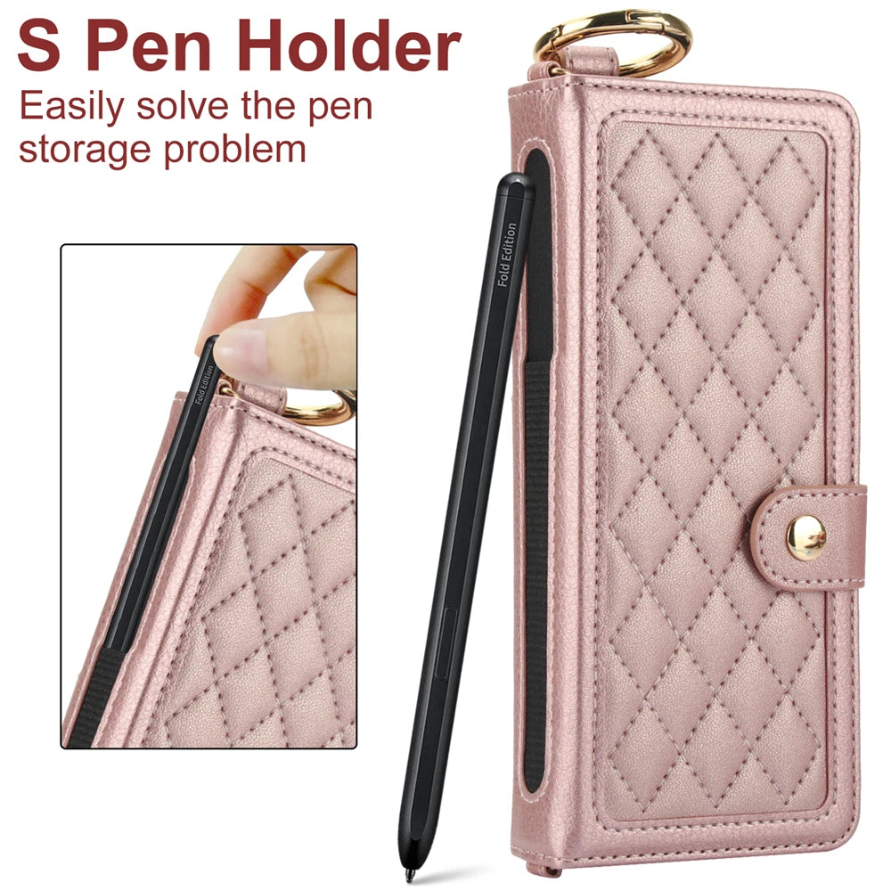 Luxury Crossbody Lanyard Leather Wallet Card Case for Samsung Galaxy Z Fold 7 6 5 4 3 Fold6 5G Wrist Rope Flip Stand Cover Coque
