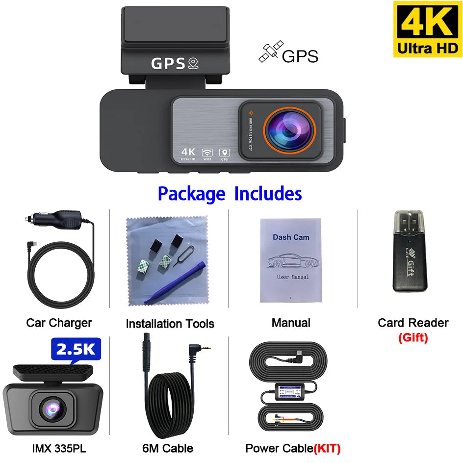 Dash Cam 4K UHD Recording Car Camera DVR Night Vision Video Recorder GPS Wi-Fi  Support Dual Lens Room 2.5K Rear View Camera