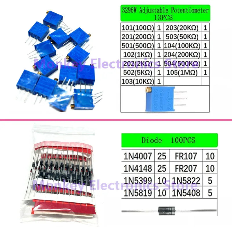 1818PCS Electronics Components Kit TO-92 TO-220 Monolith Capacitors Resistors 3MM 5MM LED Diodes PCB RM063 Potentiometer