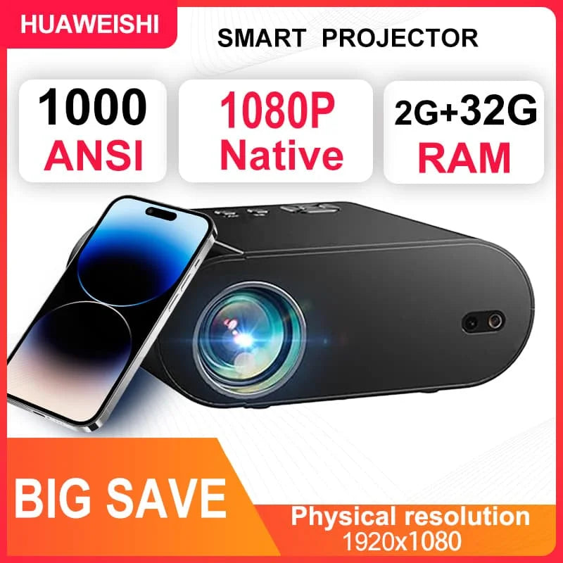 2025 Huaweishi L007  4K 1000ANSI  Native 1080P Projector Auto Focus Keystone Correction BT5.2 Android 11 WIFI6 Home Cinema
