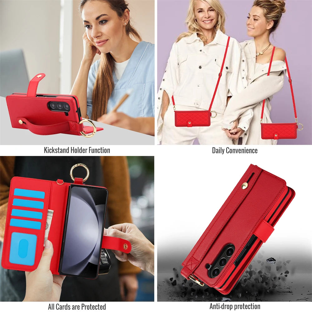 Luxury Crossbody Lanyard Leather Wallet Card Case for Samsung Galaxy Z Fold 7 6 5 4 3 Fold6 5G Wrist Rope Flip Stand Cover Coque
