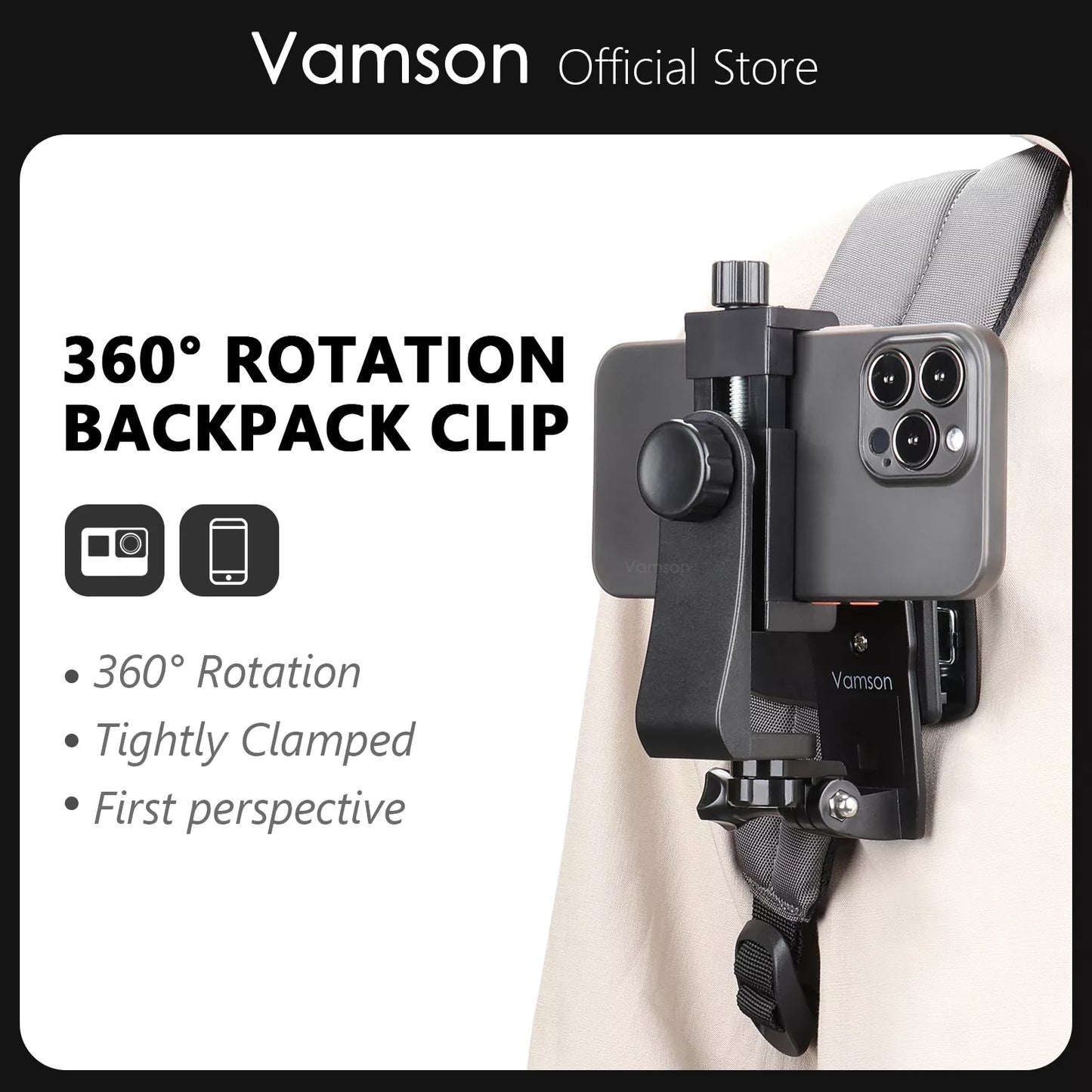 Vamson 360 Degree Mobile Phone Clip Cellphone Backpack Holder Mount for iPhone Samsung Shoulder Belt for Smartphone Accessories