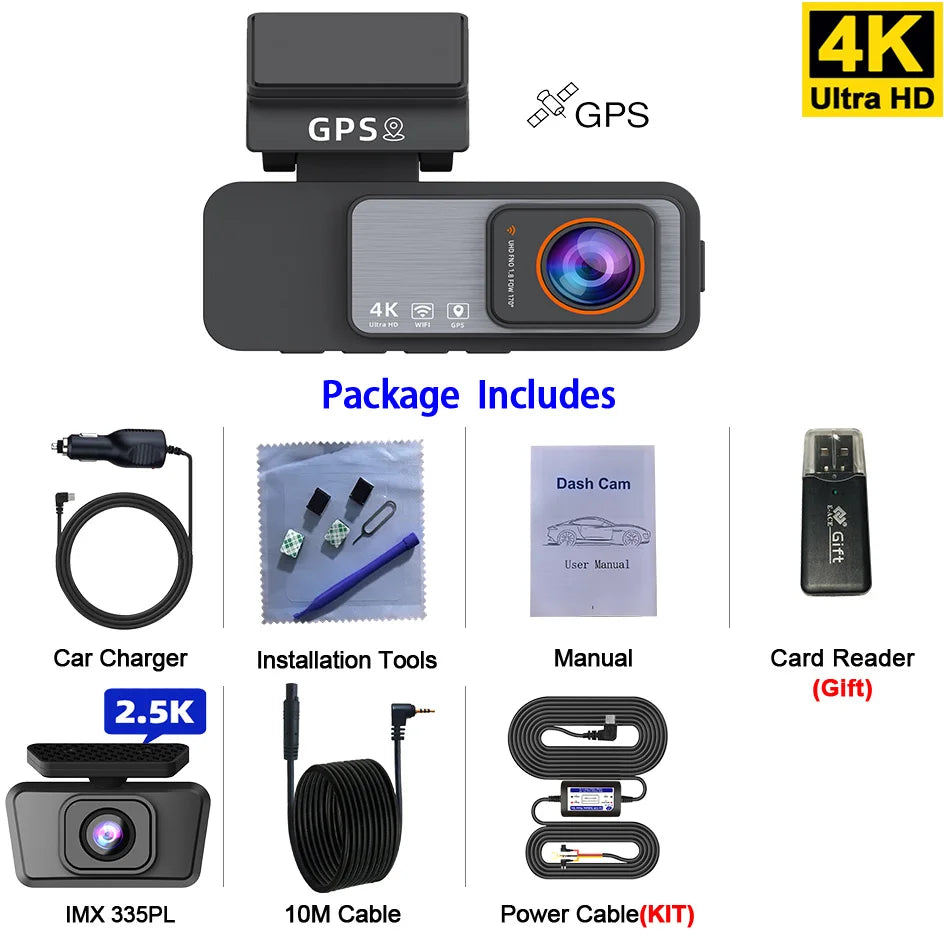 Dash Cam 4K UHD Recording Car Camera DVR Night Vision Video Recorder GPS Wi-Fi  Support Dual Lens Room 2.5K Rear View Camera