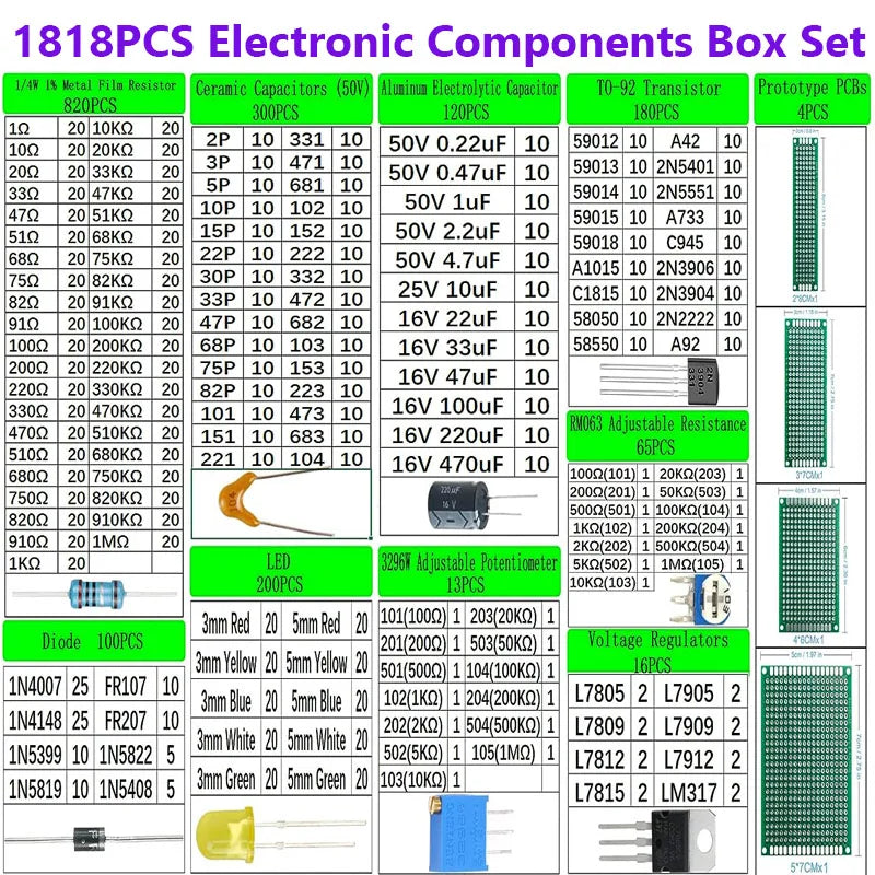 1818PCS Electronics Components Kit TO-92 TO-220 Monolith Capacitors Resistors 3MM 5MM LED Diodes PCB RM063 Potentiometer