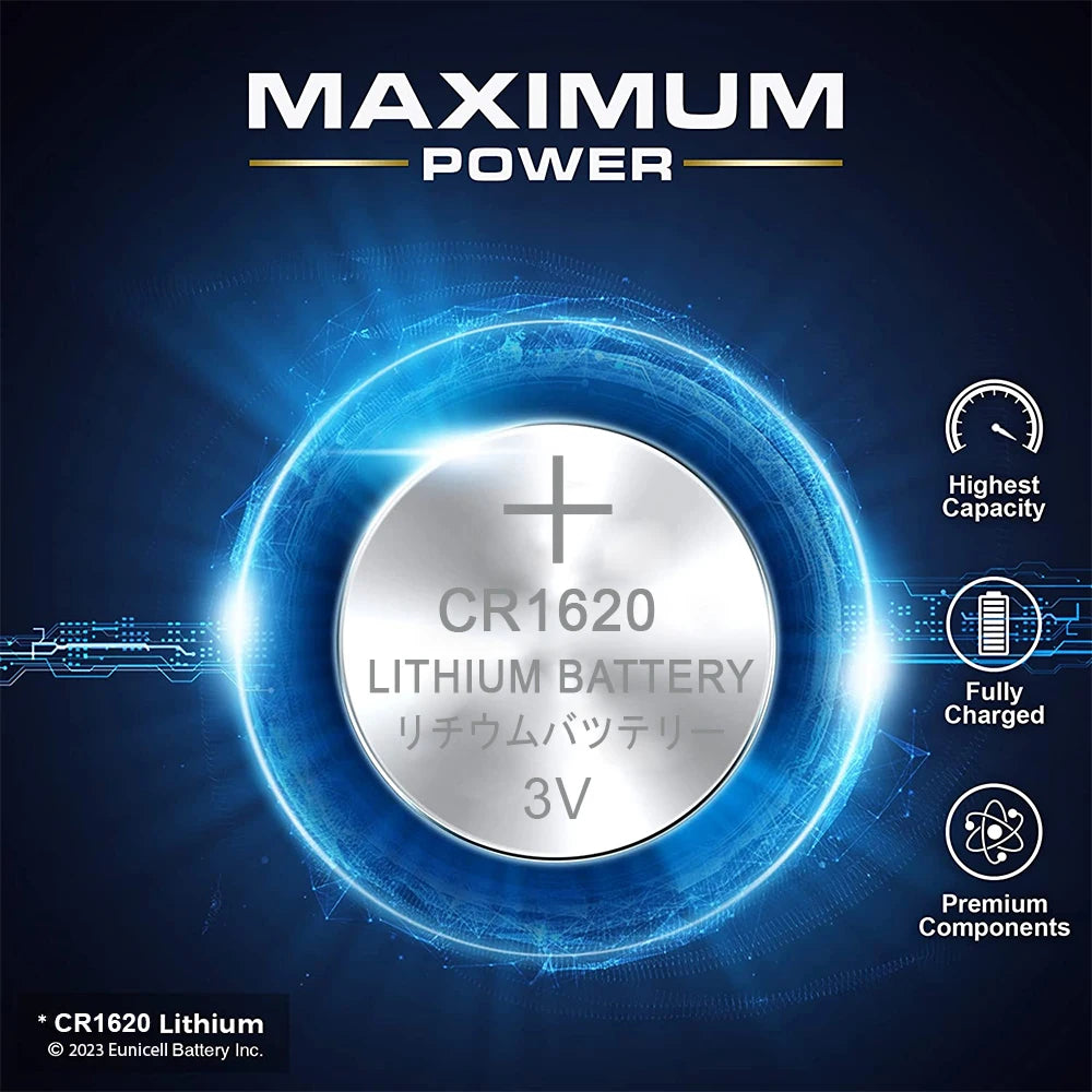 Eunicell 70mAh Capacity CR1620 3V Lithium Battery LM1620 BR1620 ECR1620 KCR1620 CR 1620 5009LC Coin Cells Watch Toys Batteries