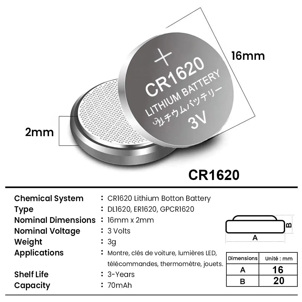 Eunicell 70mAh Capacity CR1620 3V Lithium Battery LM1620 BR1620 ECR1620 KCR1620 CR 1620 5009LC Coin Cells Watch Toys Batteries