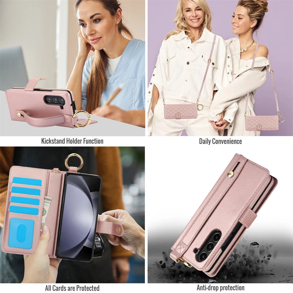 Luxury Crossbody Lanyard Leather Wallet Card Case for Samsung Galaxy Z Fold 7 6 5 4 3 Fold6 5G Wrist Rope Flip Stand Cover Coque