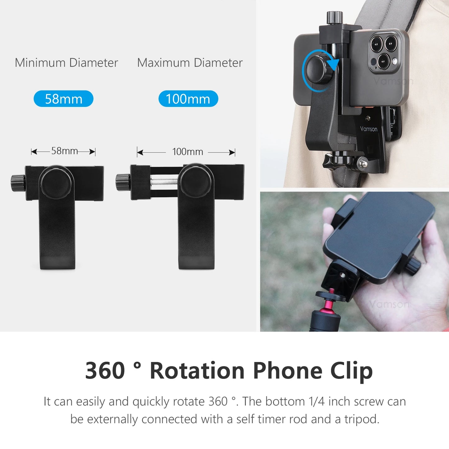 Vamson 360 Degree Mobile Phone Clip Cellphone Backpack Holder Mount for iPhone Samsung Shoulder Belt for Smartphone Accessories