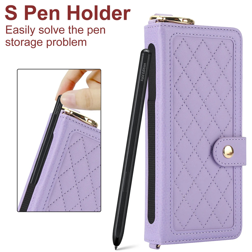 Luxury Crossbody Lanyard Leather Wallet Card Case for Samsung Galaxy Z Fold 7 6 5 4 3 Fold6 5G Wrist Rope Flip Stand Cover Coque