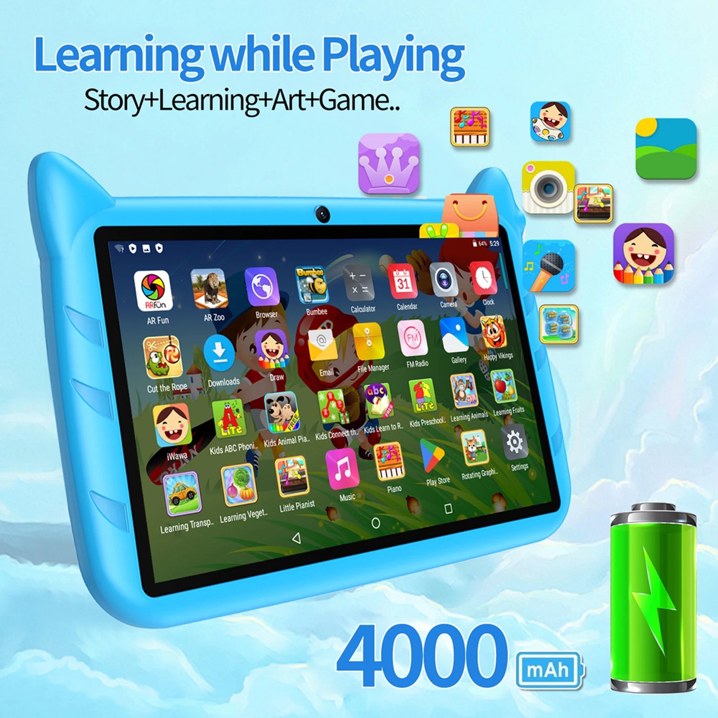 2025 New 7 Inch Kids Tablets Android 13 Quad Core 4GB RAM 64GB ROM 5G WiFi Bluetooth Google Learning Education Tablet PC 4000mAh