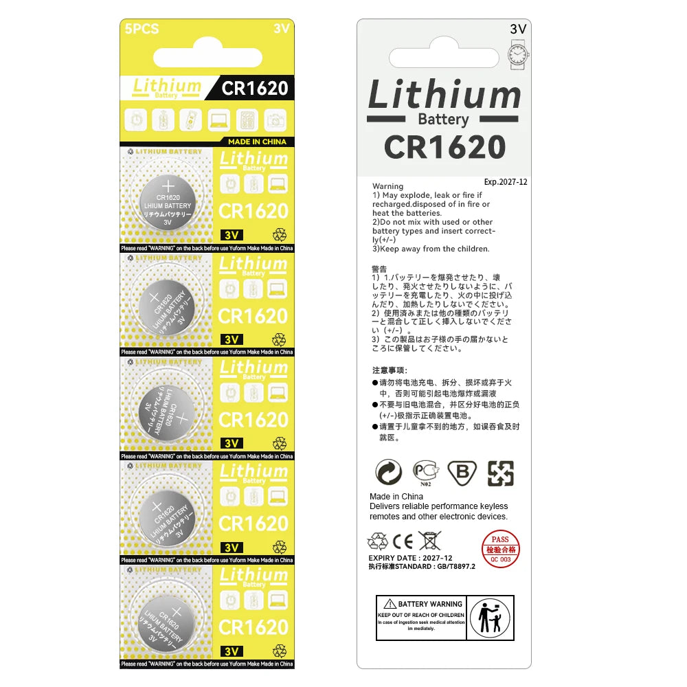Eunicell 70mAh Capacity CR1620 3V Lithium Battery LM1620 BR1620 ECR1620 KCR1620 CR 1620 5009LC Coin Cells Watch Toys Batteries