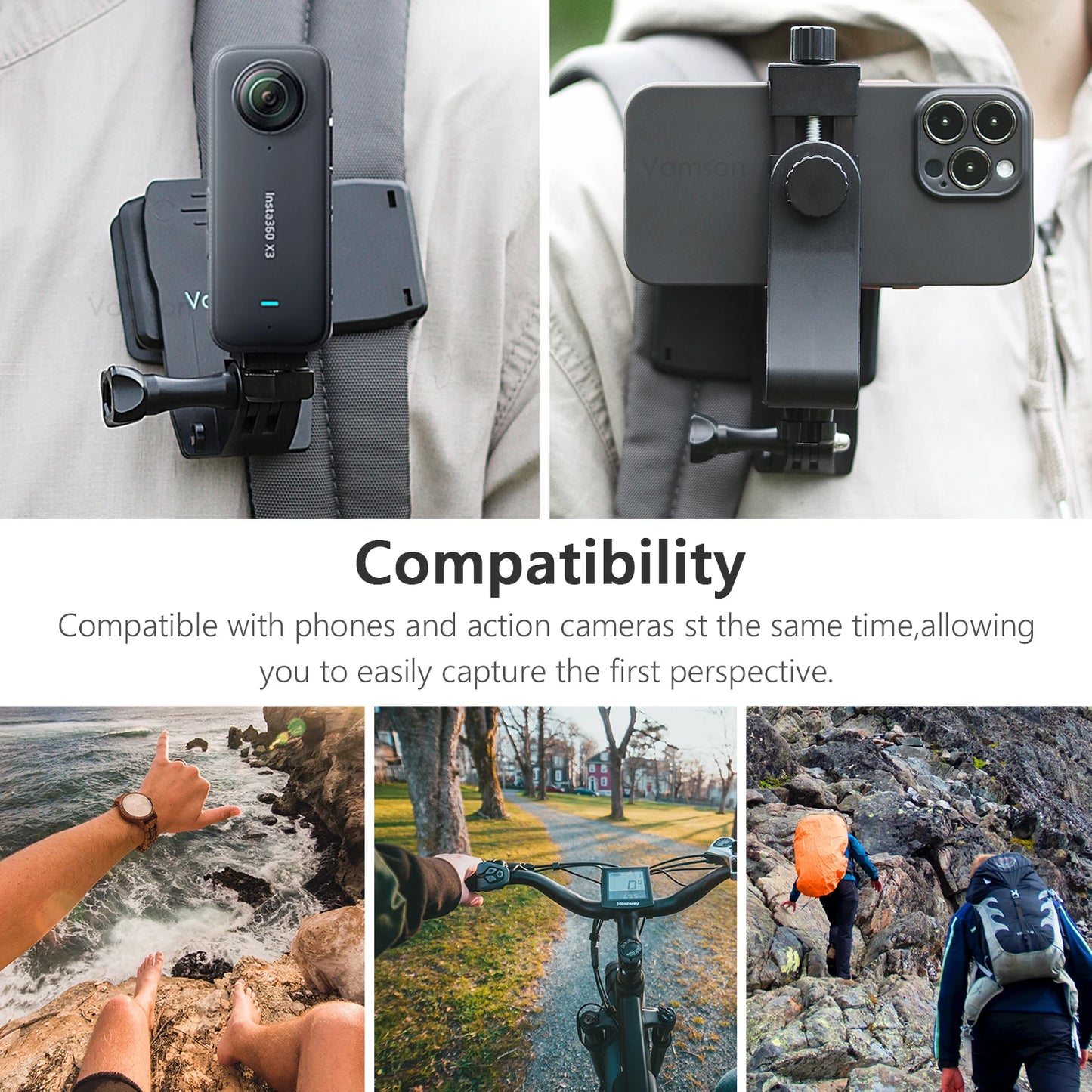 Vamson 360 Degree Mobile Phone Clip Cellphone Backpack Holder Mount for iPhone Samsung Shoulder Belt for Smartphone Accessories