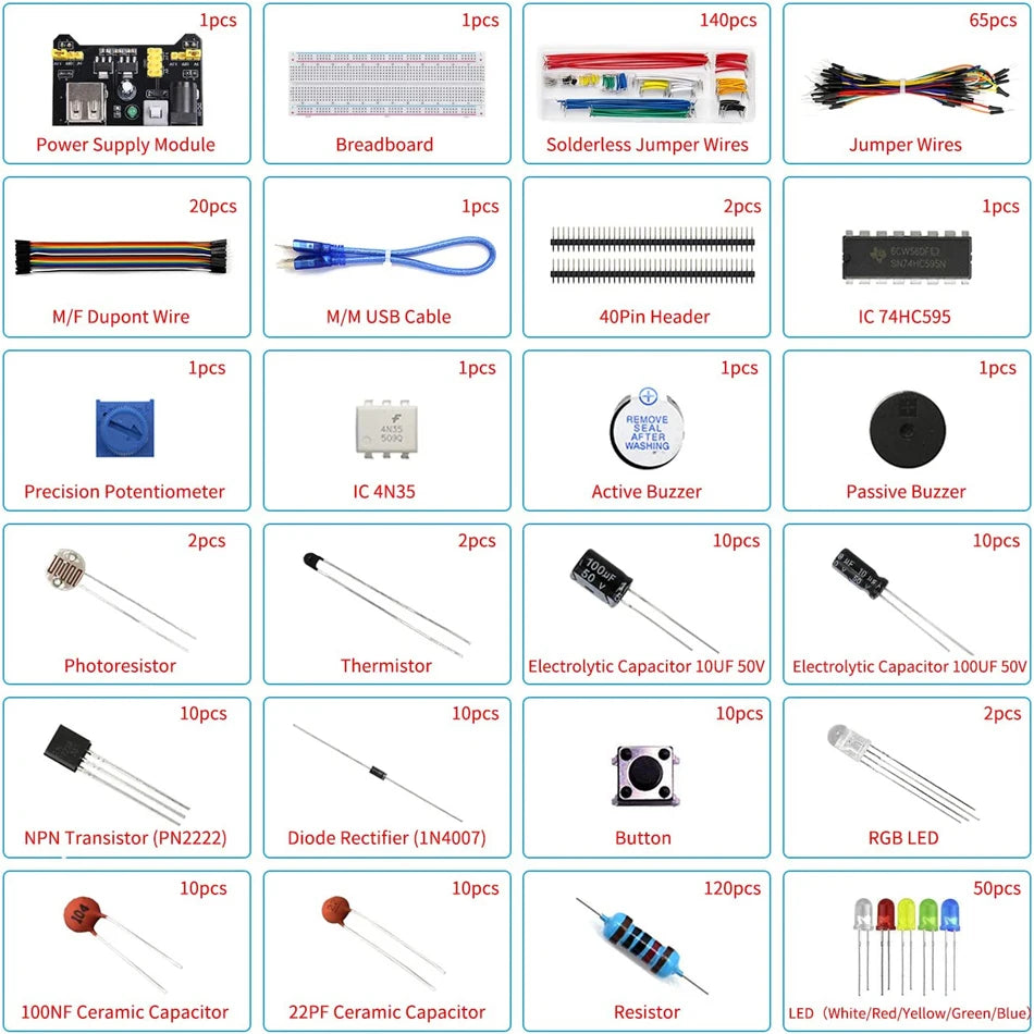 DIY Project Starter Electronic DIY Kit with 830 Tie-points Breadboard for Arduino R3 Electronics Components Kit with Box