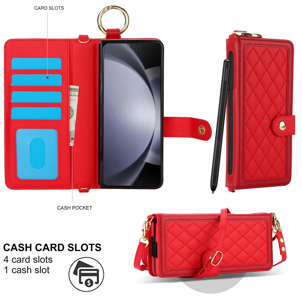 Luxury Crossbody Lanyard Leather Wallet Card Case for Samsung Galaxy Z Fold 7 6 5 4 3 Fold6 5G Wrist Rope Flip Stand Cover Coque