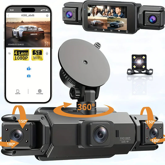 dashcam 4 channels wifi car dvr dashboard cameras for car way back box parking mode 24h front and rear interior 360 dash cam