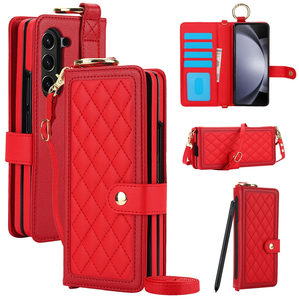 Luxury Crossbody Lanyard Leather Wallet Card Case for Samsung Galaxy Z Fold 7 6 5 4 3 Fold6 5G Wrist Rope Flip Stand Cover Coque