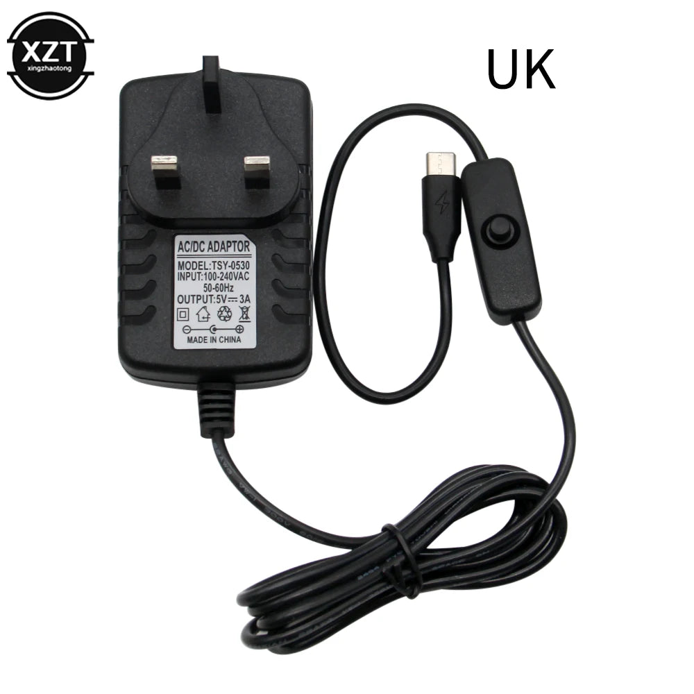 USB Cable Power Supply Type-C Charger for Raspberry Pi 4 Model B With ON/OFF Switch 5V 3A EU US AU UK Charger Adapter