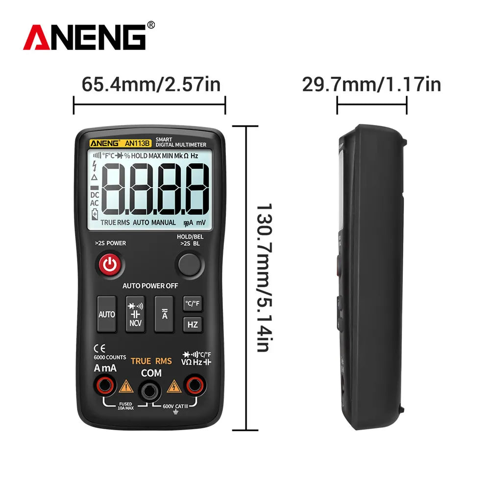 ANENG AN113B Digital Multimeter True RMS with Temperature Tester 6000 Counts Auto-Ranging AC/DC Transistor Voltage Meter