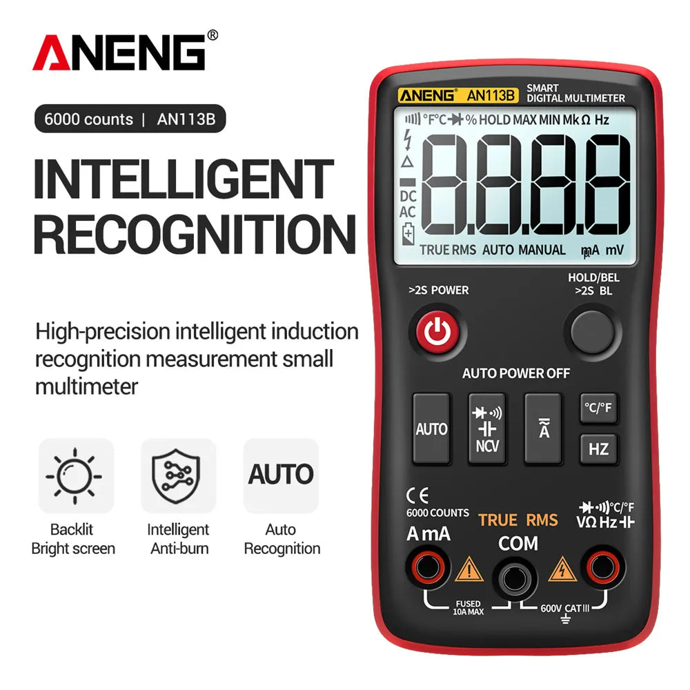 ANENG AN113B Digital Multimeter True RMS with Temperature Tester 6000 Counts Auto-Ranging AC/DC Transistor Voltage Meter