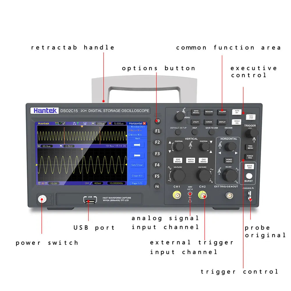 Hantek Digital Oscilloscope DSO2C10 2C15 2D10 2D15 2 Channels 100Mhz/150Mhz Storage USB Osciloscopio Portable Multimeter Tester