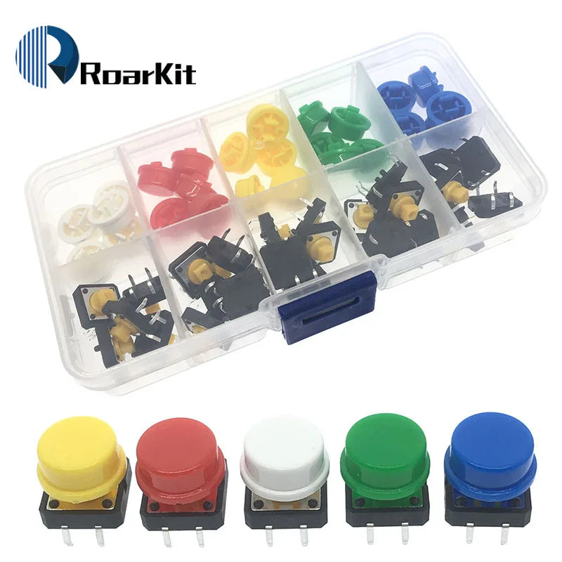 25PCS Tactile Push Button Switch Momentary 12*12*7.3MM Micro switch button +  Button cap(5 colors) + Component box for Arduino