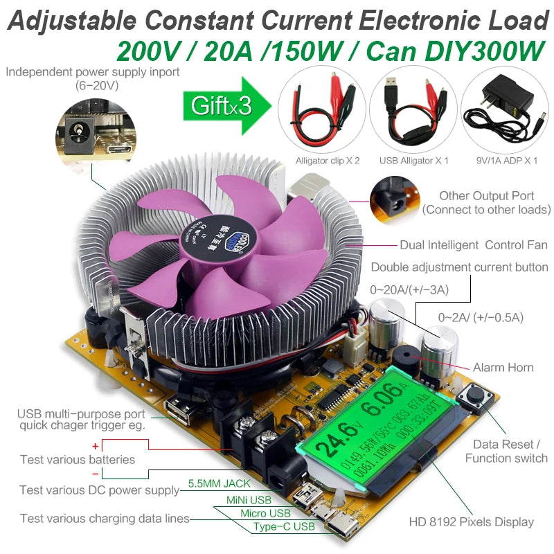 150W DC Electronic Load Tester USB Adjustable Testing Module Power Meter load charger 18650 battery Tools 200V 20A