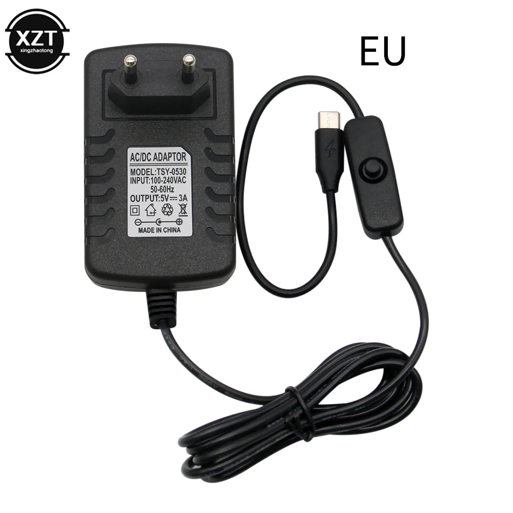 USB Cable Power Supply Type-C Charger for Raspberry Pi 4 Model B With ON/OFF Switch 5V 3A EU US AU UK Charger Adapter