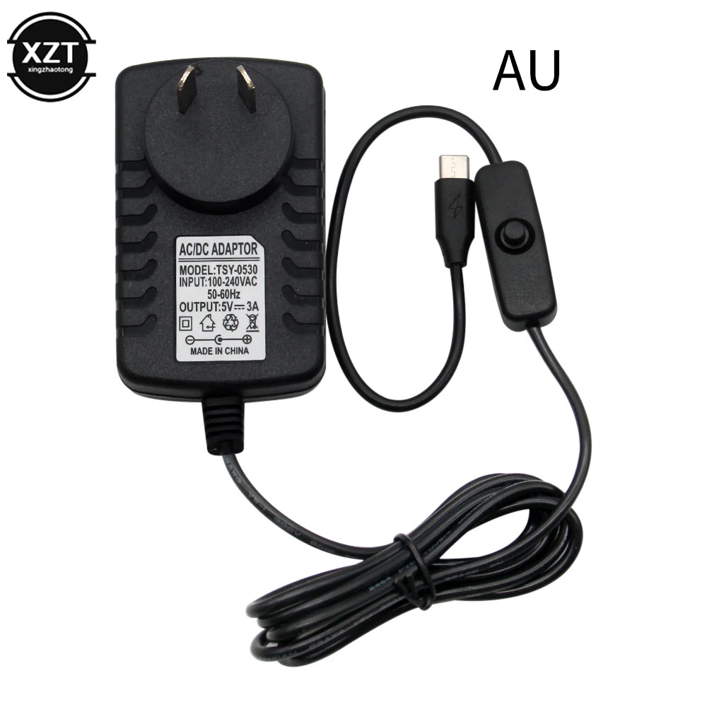 USB Cable Power Supply Type-C Charger for Raspberry Pi 4 Model B With ON/OFF Switch 5V 3A EU US AU UK Charger Adapter