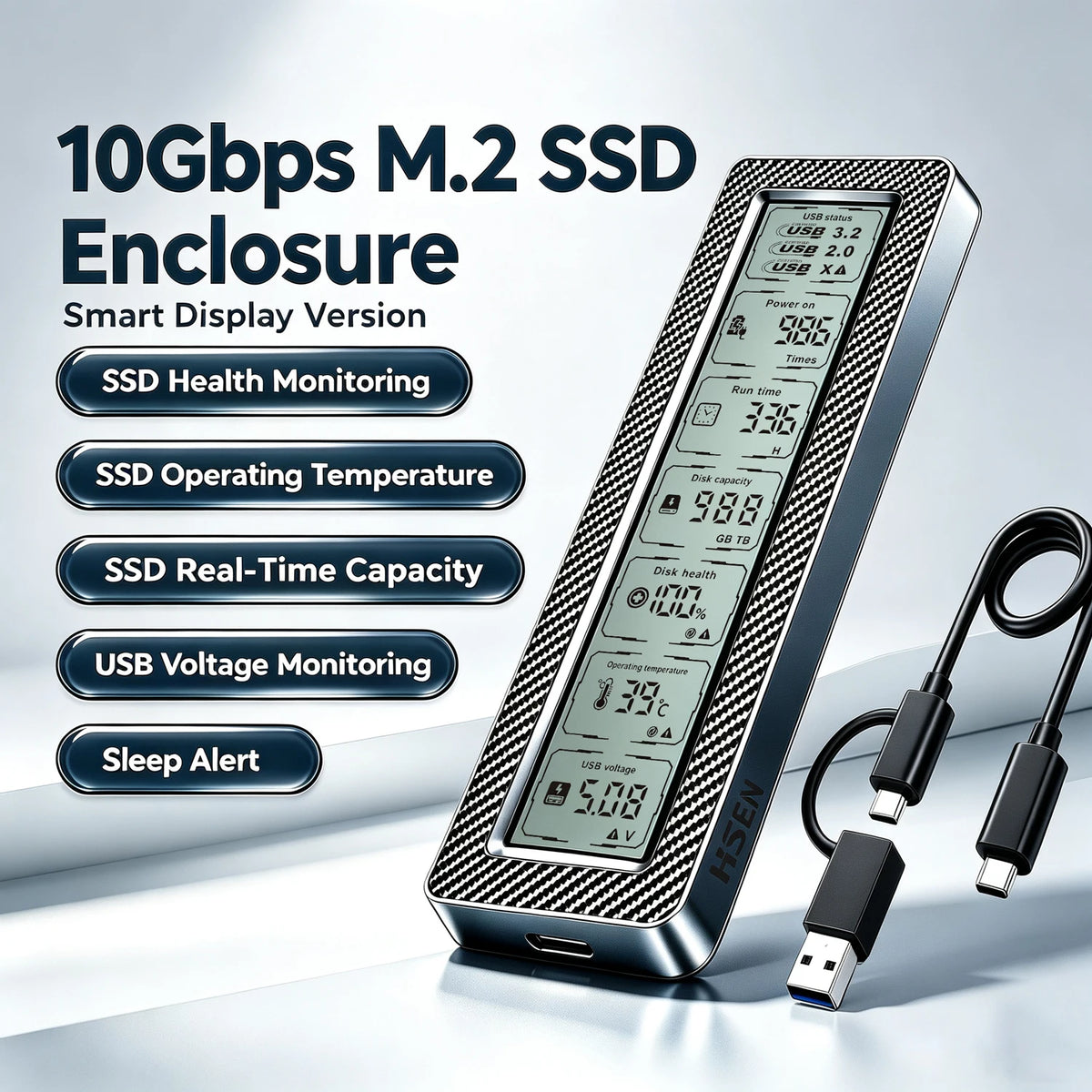M.2 SSD Enclosure with Smart Display ,Real-Time SSD Health Monitor, USB 3.2 Gen 2 10Gbps, NVMe & SATA Dual Protocol M.2 SSD Case