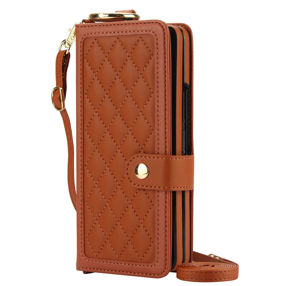 Luxury Crossbody Lanyard Leather Wallet Card Case for Samsung Galaxy Z Fold 7 6 5 4 3 Fold6 5G Wrist Rope Flip Stand Cover Coque