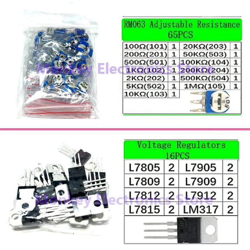 1818PCS Electronics Components Kit TO-92 TO-220  Monolith Capacitors  Resistors 3MM 5MM LED Diodes PCB RM063 Potentiometer