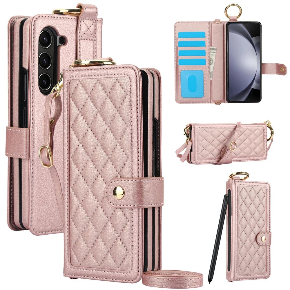 Luxury Crossbody Lanyard Leather Wallet Card Case for Samsung Galaxy Z Fold 7 6 5 4 3 Fold6 5G Wrist Rope Flip Stand Cover Coque