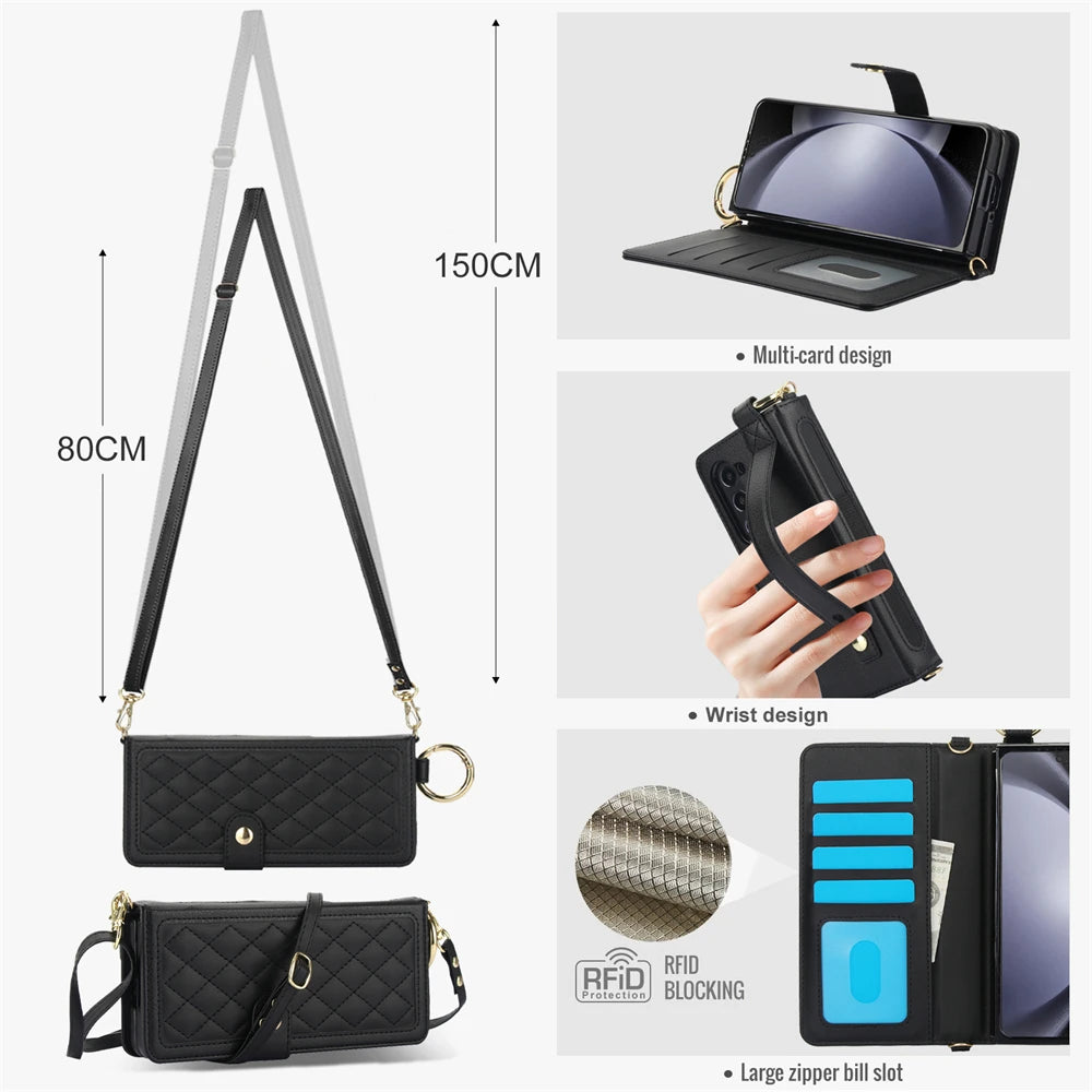 Luxury Crossbody Lanyard Leather Wallet Card Case for Samsung Galaxy Z Fold 7 6 5 4 3 Fold6 5G Wrist Rope Flip Stand Cover Coque