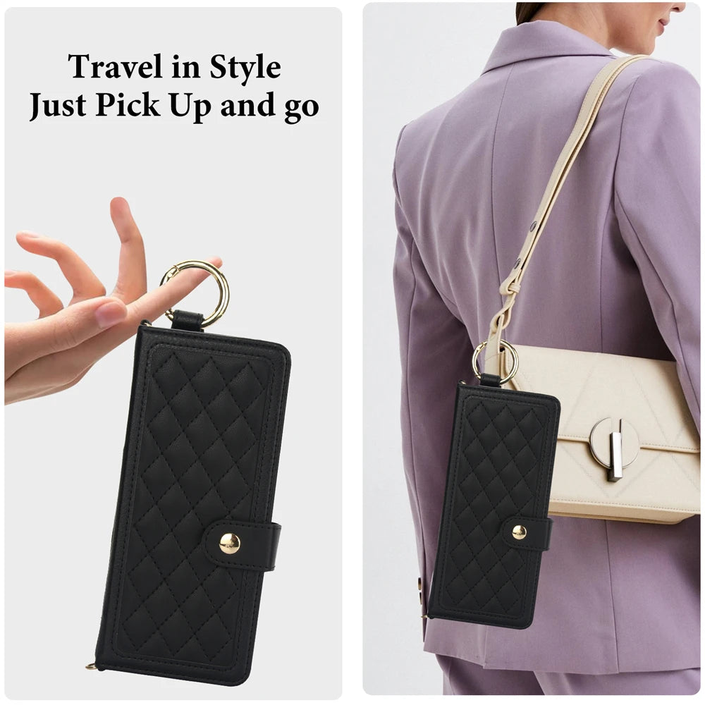 Luxury Crossbody Lanyard Leather Wallet Card Case for Samsung Galaxy Z Fold 7 6 5 4 3 Fold6 5G Wrist Rope Flip Stand Cover Coque