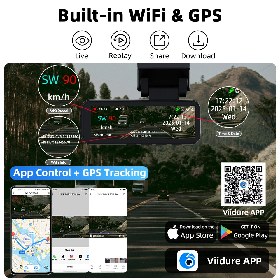 Dash Cam 4K UHD Recording Car Camera DVR Night Vision Video Recorder GPS Wi-Fi  Support Dual Lens Room 2.5K Rear View Camera