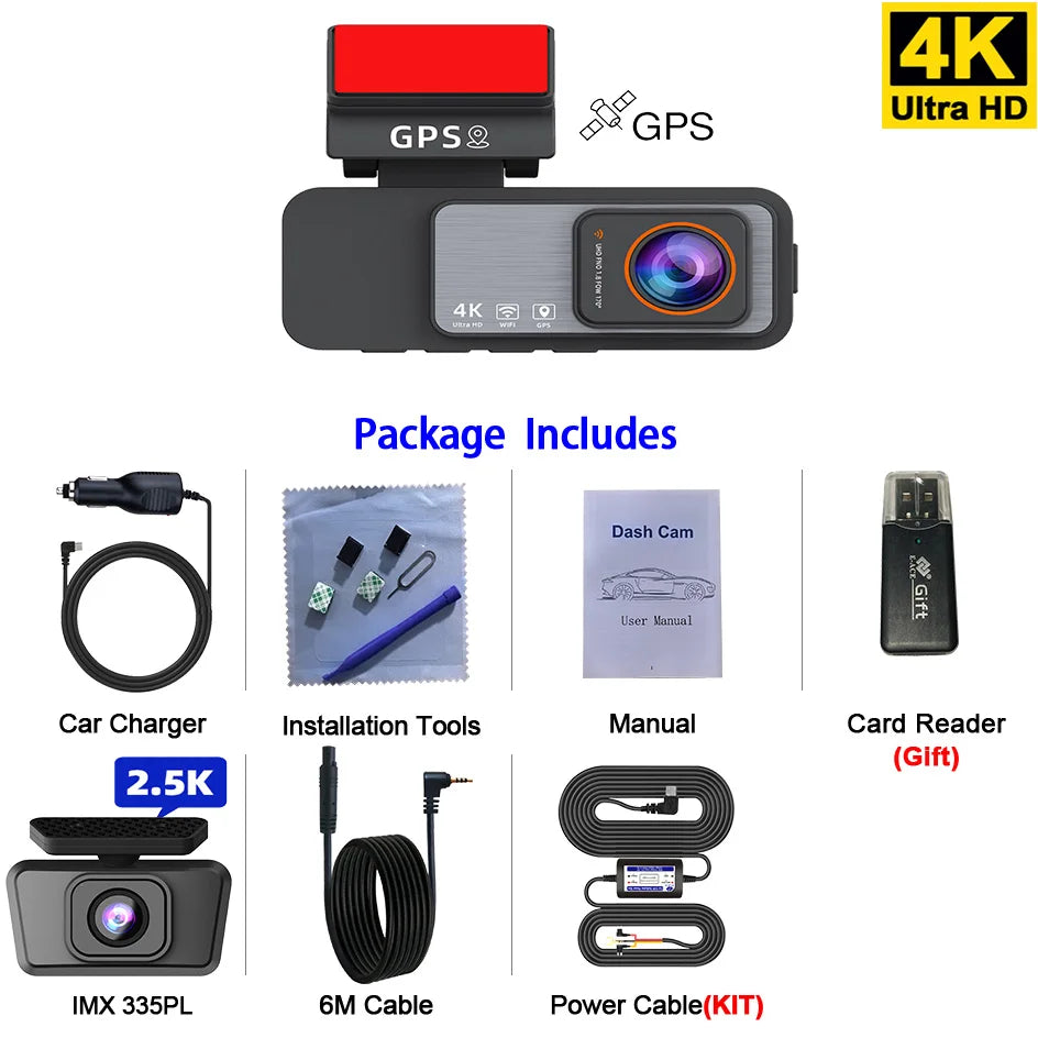 Dash Cam 4K UHD Recording Car Camera DVR Night Vision Video Recorder GPS Wi-Fi  Support Dual Lens Room 2.5K Rear View Camera