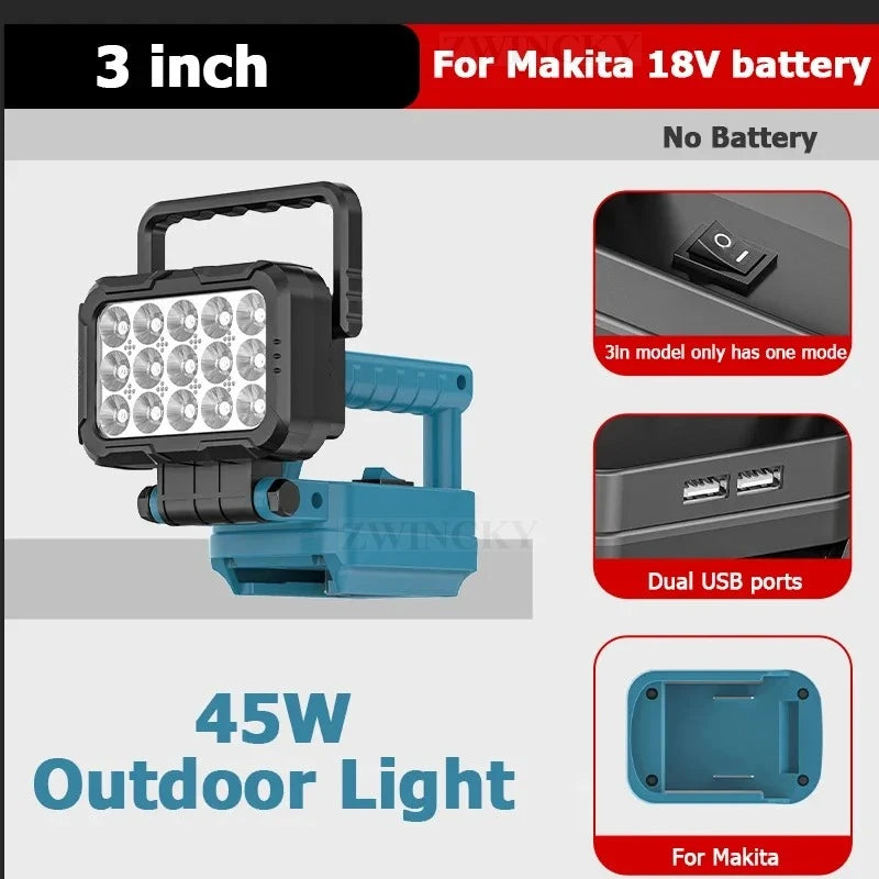 LED Working Light Lantern For Makita 18V Li-ion Battery Emergency Lamp Flashlight Torch Spotlight With Dual USB Camping Lighting