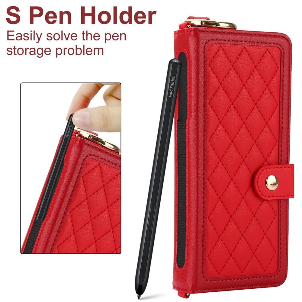 Luxury Crossbody Lanyard Leather Wallet Card Case for Samsung Galaxy Z Fold 7 6 5 4 3 Fold6 5G Wrist Rope Flip Stand Cover Coque