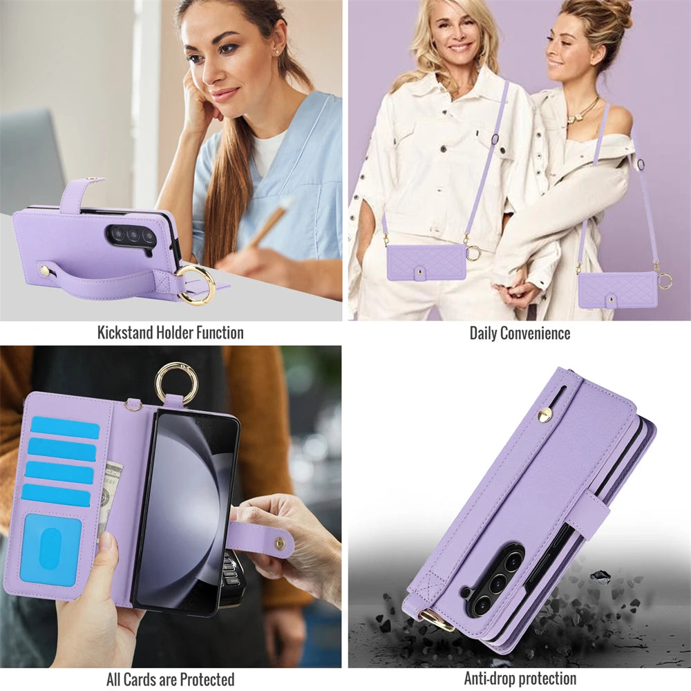 Luxury Crossbody Lanyard Leather Wallet Card Case for Samsung Galaxy Z Fold 7 6 5 4 3 Fold6 5G Wrist Rope Flip Stand Cover Coque