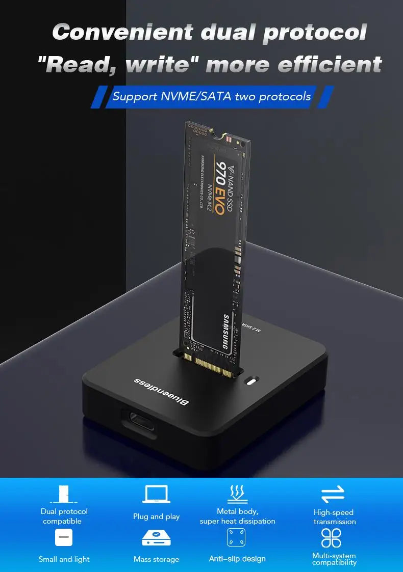 External SSD Hard Disk M.2 SSD Enclosure 10Gbps Read Writing Speed SSD Case For M.2 NVME SATA SSD Docking Station Plug and Play