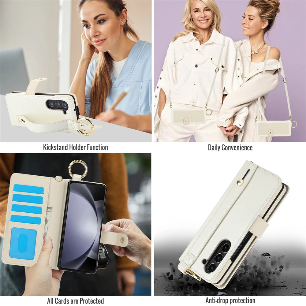 Luxury Crossbody Lanyard Leather Wallet Card Case for Samsung Galaxy Z Fold 7 6 5 4 3 Fold6 5G Wrist Rope Flip Stand Cover Coque