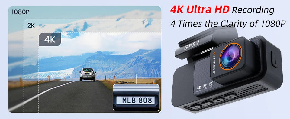 Dash Cam 4K UHD Recording Car Camera DVR Night Vision Video Recorder GPS Wi-Fi  Support Dual Lens Room 2.5K Rear View Camera