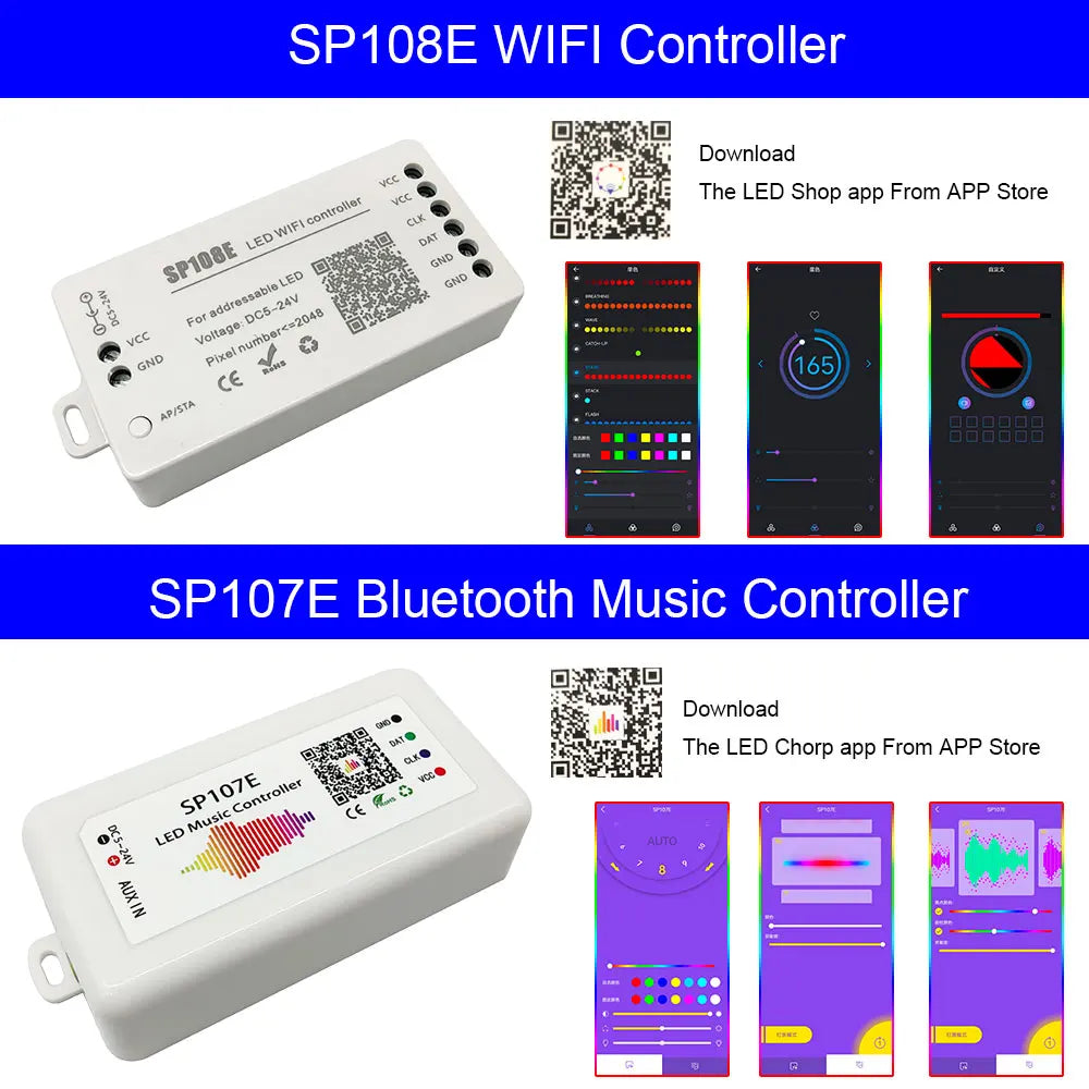WS2812/2812B WS2811 RGB Led Strip Controller SP107E SP110E SP105E SP108E SP511E Bluetooth/WIFI/Music Smart Led Controller 5-24V