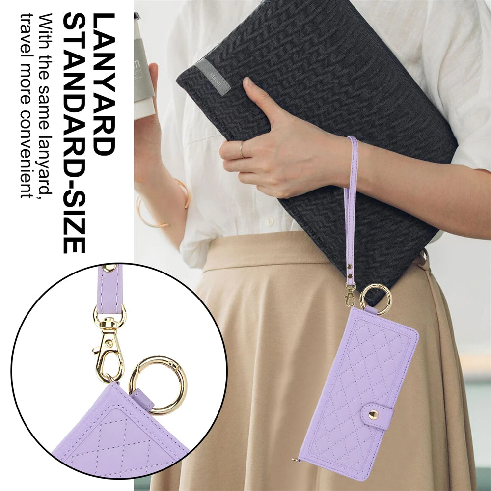 Luxury Crossbody Lanyard Leather Wallet Card Case for Samsung Galaxy Z Fold 7 6 5 4 3 Fold6 5G Wrist Rope Flip Stand Cover Coque